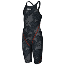 Load image into Gallery viewer, arena Race Suit for Girls in Limited Edition Grey Map - Girls’ Powerskin ST 2.0 Full Body Short Leg Open Back Kneeskin front left
