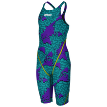 Load image into Gallery viewer, arena Race Suit for Girls in Limited Edition Purple Map - Girls’ Powerskin ST 2.0 Full Body Short Leg Open Back Kneeskin front left
