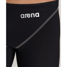 Load image into Gallery viewer, arena Race Suit for Men in Black - Men’s Powerskin ST 2.0 Jammer model front arena logo close-up
