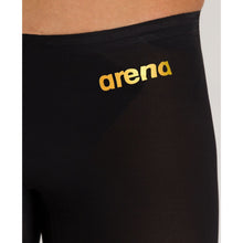 Load image into Gallery viewer, arena Race Suit for Men in Black - Men’s Powerskin Carbon Air2 Jammer model front arena logo close-up
