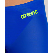 Load image into Gallery viewer, arena Race Suit for Men in Blue - Men’s Powerskin Carbon Air2 Jammer model front arena logo close-up
