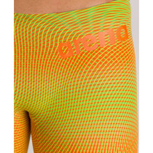 Load image into Gallery viewer, arena Race Suit for Men in Yellow &amp; Orange - Men’s Powerskin Carbon Air2 Jammer model front arena logo close-up
