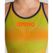 Load image into Gallery viewer, arena Race Suit for Women in Yellow &amp; Orange - Women’s Powerskin Carbon Air2 Open-Back Kneeskin model front arena logo close-up
