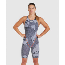 Load image into Gallery viewer, arena Race Suit for Women in Limited Edition Grey Map - Women’s Powerskin ST 2.0 Full Body Short Leg Open Back Kneeskin model front
