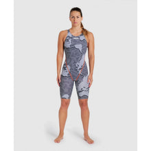Load image into Gallery viewer, arena Race Suit for Women in Limited Edition Grey Map - Women’s Powerskin ST 2.0 Full Body Short Leg Open Back Kneeskin model full length
