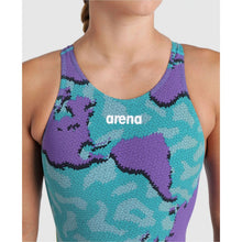 Load image into Gallery viewer, arena Race Suit for Women in Limited Edition Purple Map - Women’s Powerskin ST 2.0 Full Body Short Leg Open Back Kneeskin model front arena logo close-up
