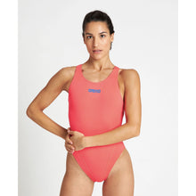 Load image into Gallery viewer,     arena-womens-solid-swim-tech-high-one-piece-swimsuit-fluo-red-2a241-405-ontario-swim-hub-5
