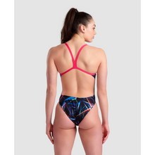 Load image into Gallery viewer,     arena-womens-swimsuit-laser-lights-print-challenge-back-black-multi-freak-rose-005557-550-ontario-swim-hub-6
