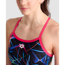 Load image into Gallery viewer, arena-womens-swimsuit-laser-lights-print-challenge-back-black-multi-freak-rose-005557-550-ontario-swim-hub-8
